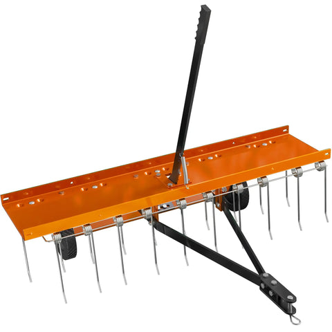 40 Inch Orange Tow Behind Dethatcher With 24 Spring Steel Tines For Removing Thatch Leaves And Needles From Large Lawns Heavy Duty Pull Behind Lawn Rake