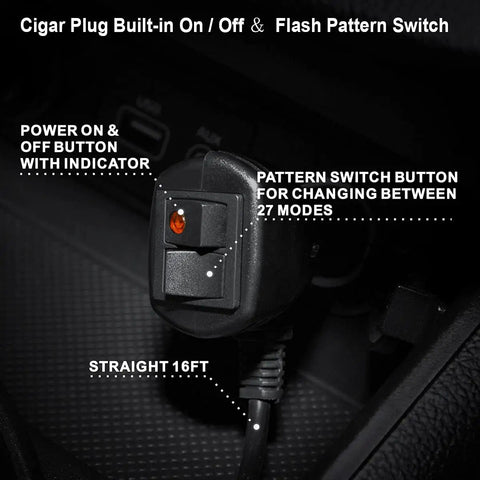 Cigar plug with on/off button and flash pattern switch for Rooftop Safety Flashing Light Bar With 56 LED Amber White Beacons