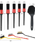 9 Piece Auto Detailing Brush Set With Soft Bristles For Interior And Exterior Cleaning Including Wheels, Vents, Seats, Engine, Carpets And More For Cars, Trucks, SUVs And Motorcycles All In One Automotive Cleaning Kit showing brush sizes and dimensions