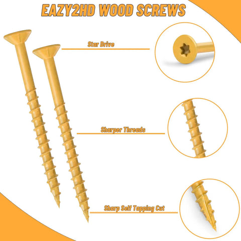 Exterior Wood Screws Size Ten By Two Inches With T25 Star Torx Drive Deck Screws 466 Piece Set Flat Head Self Tapping Rust Resistant Outdoor Fasteners For Siding Decks And Projects, showing detailed features.