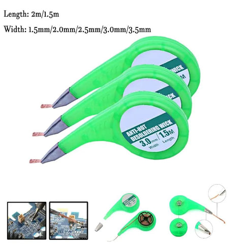 Low Residue No Clean Desoldering Wick Braid 2mm Width 2m Length With Thumb Wheel Dispenser, three green dispensers displayed