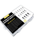 Massive 265 Piece 25V Aluminum Electrolytic Capacitor Kit in plastic case with labels of 15 values from 10uF to 3300uF for electronics projects.