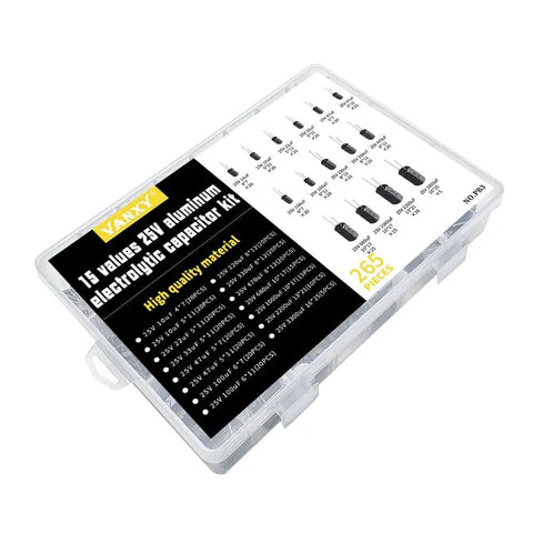 Massive 265 Piece 25V Aluminum Electrolytic Capacitor Kit in plastic case with labels of 15 values from 10uF to 3300uF for electronics projects.
