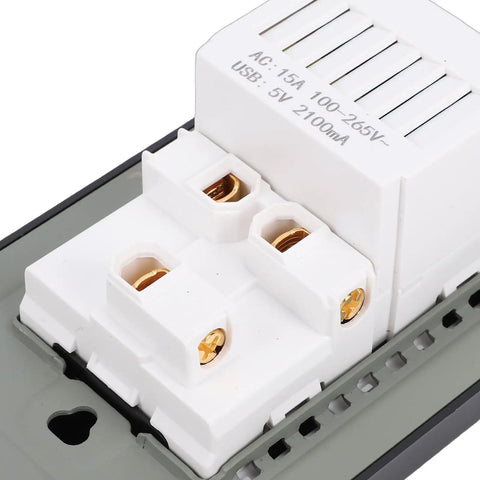 Heavy Duty 3 Prong Wall Outlet With Quick Charge Usb Ports Built Like A Tank, close-up of polycarbonate material and USB ports.