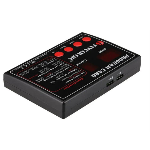 Flycolor RC Boats ESC Programming Card For Quick Setup And Tuning, black compact tool with red buttons and text