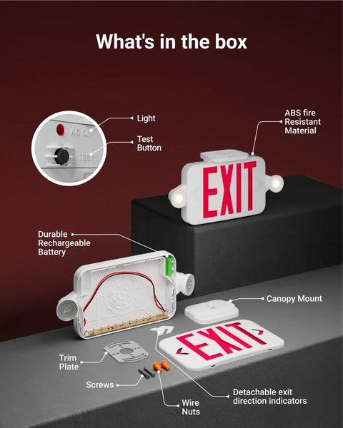 Components of Red LED Exit Sign With Emergency Lights And Backup Battery, Super Bright 200 Lumen Output, 120-277V shown
