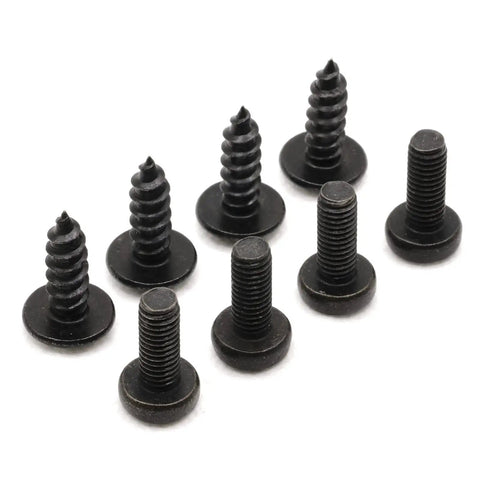 Mazda License Plate Screws Stainless Steel With Black Oxide Finish Pack Of 8 displayed in various angles on white background.