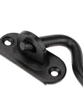 Close-up view of WUUWCHODC Gate Hook and Latch Closure for Cabinet Window Door made of black-coated stainless steel.