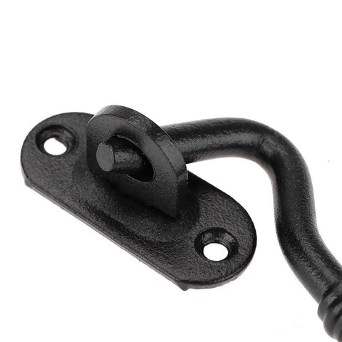 Close-up view of WUUWCHODC Gate Hook and Latch Closure for Cabinet Window Door made of black-coated stainless steel.