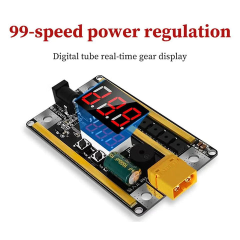 Spot Welder With Three Modes And Digital Power Control showing real-time voltage display and 99-speed power regulation feature.