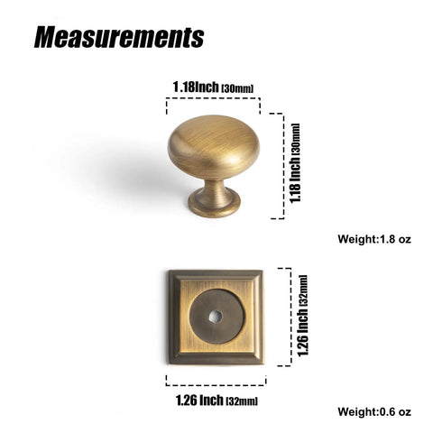 Brushed Brass Cabinet Knob With Backplate Six Pack Zinc Alloy Durable Single Hole Center Mount pull hardware with measurements shown