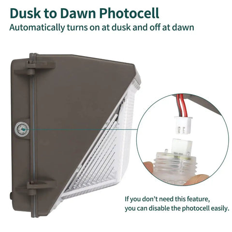 Side view of Beast Bright 150W LED Wall Pack Light with Photocell, highlighting photocell detail and dusk to dawn function