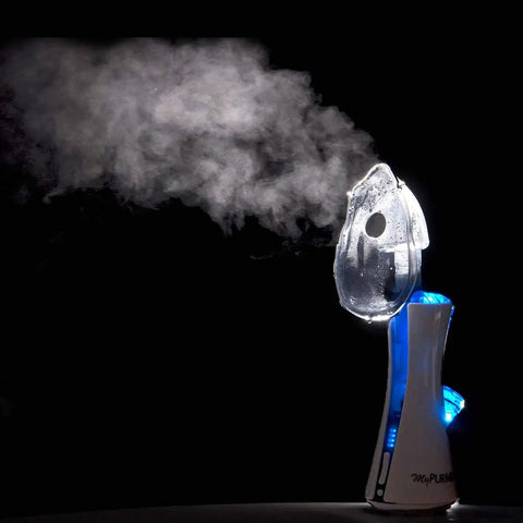 New Classic Handheld Personal Steam Inhaler Vaporizer And Humidifier emits steam in dark background scene