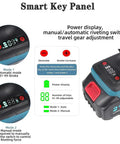 Hella Strong Cordless Rivet Nut Gun With 26V Lithium Battery Pack showing smart key panel with power display and mode controls.