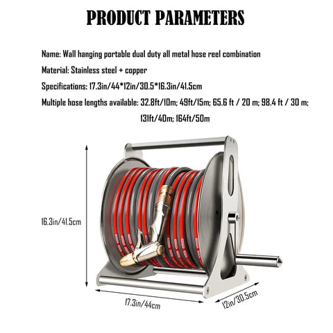 Heavy Duty Wall Mount Garden Hose Reel With Removable Hose Box For Outdoor Yard Tidying Quick Rewind Storage Up To 131 Feet, stainless steel construction.