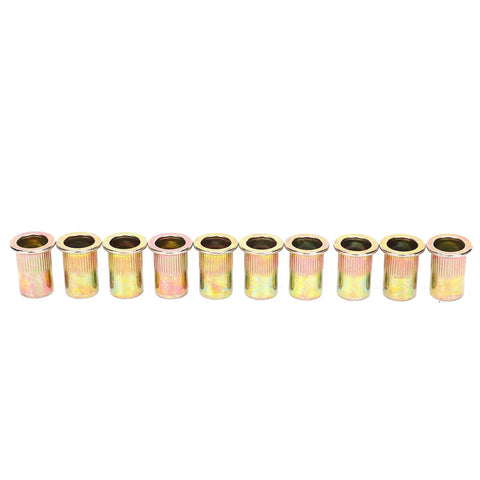 100-Piece M10 Zinc Plated Carbon Steel Rivet Nut Kit for Metal Plates and Pipes, multiple galvanized nutserts in a row