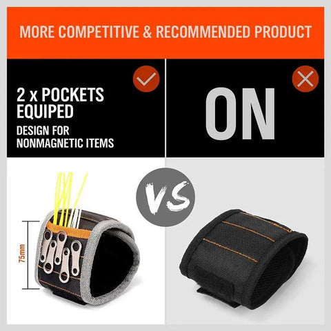 Comparison of magnetic wristband with 10 strong magnets for screws, nails, and drill bits with pockets vs. without pockets