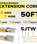Image showing features of 50 Ft Lighted Outdoor Extension Cord With 10/3 SJTW Heavy Duty Yellow Cable, 3 Prong Grounded Plug, UL Listed.