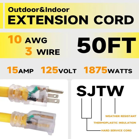 Image showing features of 50 Ft Lighted Outdoor Extension Cord With 10/3 SJTW Heavy Duty Yellow Cable, 3 Prong Grounded Plug, UL Listed.