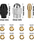 Keyless Drill Chuck and Brass Collet Set for Dremel Rotary Tools showing black and silver chucks beside 8 brass collets