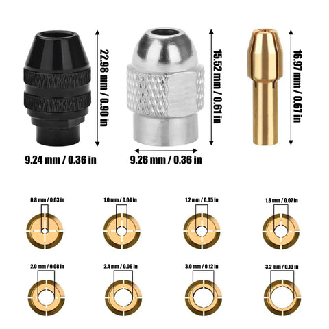 Keyless Drill Chuck and Brass Collet Set for Dremel Rotary Tools showing black and silver chucks beside 8 brass collets