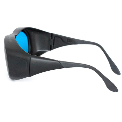 Side view of Hardcore Laser Safety Eyewear And YAG Protective Goggles, black frame with blue lens, designed for laser protection.