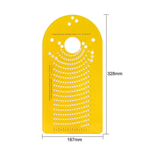 Top Shelf Circle Cutting Jig For Plunge Routers featuring clear measurements and precision holes in bright yellow for accurate cutting.