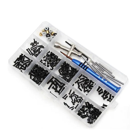 Thinking Process: white plastic RC car screw box kit with tools and pins, 175x100x25mm