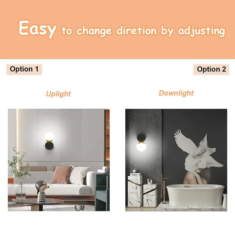 Black And Gold Globe Wall Sconce Mid Century Modern One Light Fixture shown in living room and bathroom settings.