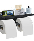 Double Roll Toilet Paper Holder With Shelf, Wall Mounted Toilet Paper Storage Dispenser, Matte Black Bathroom Organizer For Two Rolls And Small Essentials, Easy Screw Mount No Fuss Design