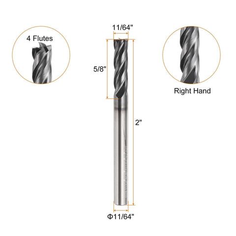 Carbide end mill bit with square nose, 11/64 in cutting diameter, 4 flutes, TiAlN coated, 2 in overall length, right-hand