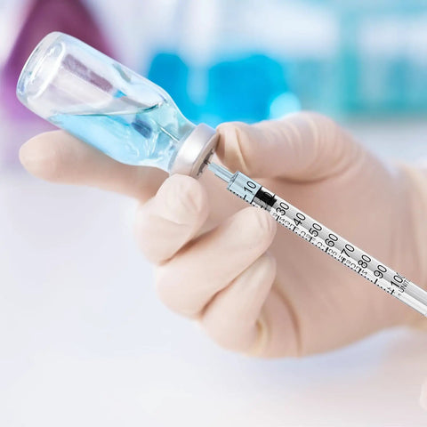 One Milliliter Syringes With 31G 5/16 Inch Needle 30 Pack Individually Wrapped For Lab Use No Fuss Easy One Handed Operation And Airtight Plunger With Clear Measurement Scale Disposable Medical Supplies, gloved hand close-up