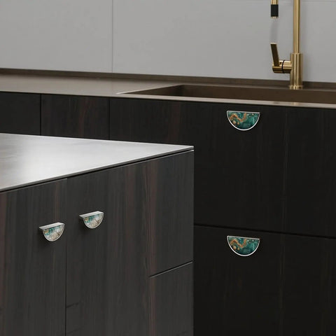 2 Pack Teal Beach Gold Fluid Cabinet Pulls, 3 Inch Hole Center Brushed Nickel Semicircle Drawer Handles on dark kitchen cabinets