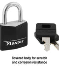 1-3/16 Inch Wide Covered Aluminum Keyed Padlock In Black With Vinyl Cover, Built To Last Tough As Nails Steel Shackle, Keys Displayed