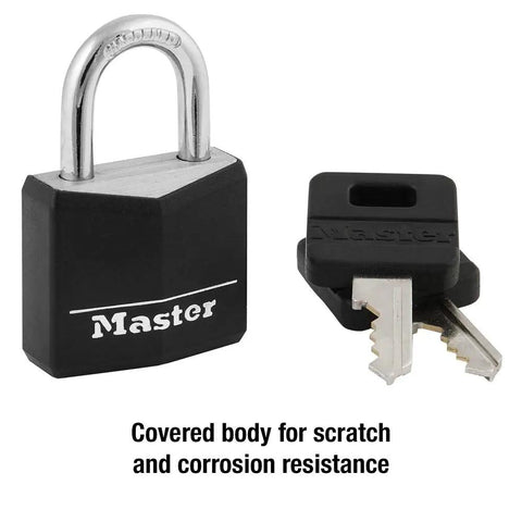 1-3/16 Inch Wide Covered Aluminum Keyed Padlock In Black With Vinyl Cover, Built To Last Tough As Nails Steel Shackle, Keys Displayed