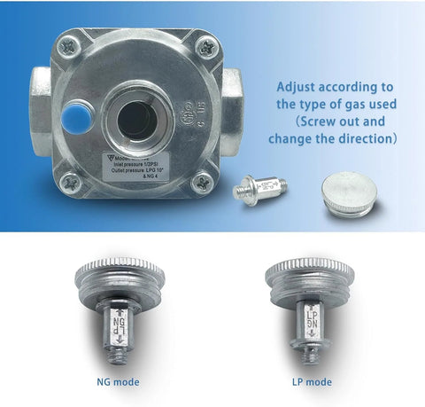NG LPG convertible gas regulator with dual adapters for natural gas and LPG, featuring modes for easy conversion.