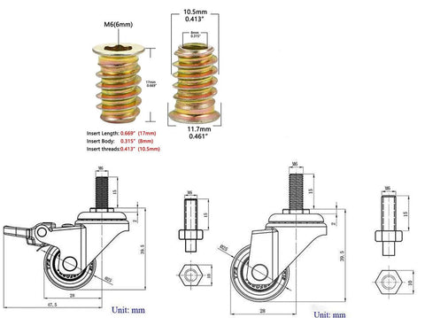 Technical diagram of 1 Inch Mini Swivel Caster Wheels Set Of 4 With 2 Brakes And 2 Without M6 X 15mm Rubber TPE Casters