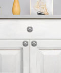 10 Pack Brushed Satin Nickel Cabinet Knobs Beefy Heavy Duty Bifold Closet Door Hardware installed on white cabinet