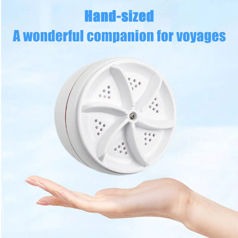Hella Compact Mini Portable USB Washing Machine For Laundry And Dishes Ultrasonic Sink Turbo Washer hand-sized in palm.
