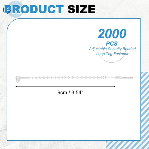 2000 Pcs Clear Beaded Loop Tie Fasteners, 9cm adjustable security tag for securing labels in retail settings.