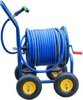 Heavy Duty Garden Hose Reel Cart With Smooth Gliding Wheels And Tangle Free Routing For Zero Sweat Gardening Plus Adjustable Metal Spray Gun on a steel frame.