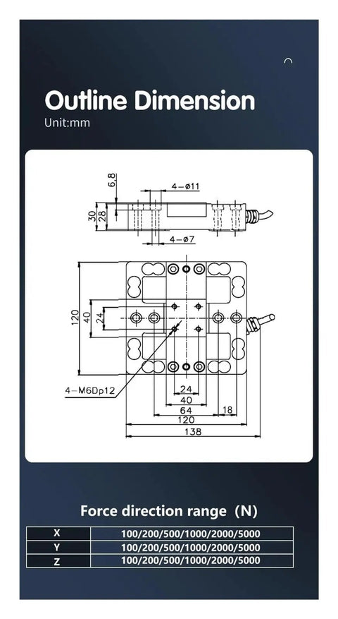 Technical schematic of Pro Grade 3 Axis Load Cell and Torque Sensor For Precise Torque Readings From 5 To 100 Newtons.