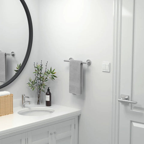 Brushed Nickel Hand Towel Bar For Bathroom Wall Mounted 9 Inch Towel Rack SUS304 Stainless Steel Towel Rod, styled in bathroom.