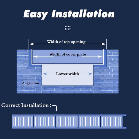 Installation guide showing dimensions for Heavy Duty 304 Stainless Steel Drain Grates Pack Of 15 Zero Rust Anti Skid Driveway Walkway Garage Floor Covers.
