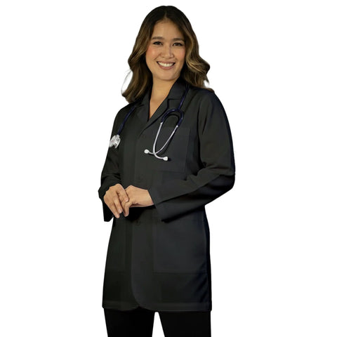 Unisex 31 Inch Lab Coat With Notch Lapel Collar Front Button Closures Full Length Sleeves Black Pro Grade Medical Workwear X Large Size Ideal For Clinics Hospitals And Lab Professionals worn by model
