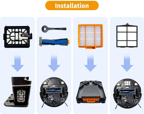 Installation guide for Replacement Parts Kit For Robotic Vacuum Cleaner Compatible With AV2501AE RV2502AE AV2501S AV2511AE RV2610WA RV2610WD RV2820AE Must Have 2 Main Roller Brushes 6 Orange Filters 8 Side Brushes 2 Pre Filters 2 Black Filters