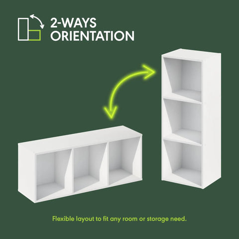 Sleek 3 Cube Bookshelf In White With No Fuss Setup For Living Room Bedroom Or Home Office displaying two orientations.
