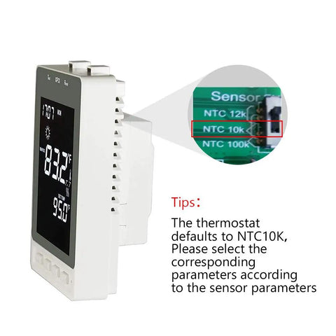 Side view of programmable thermostat for electric floor heating with alarm and built in GFCI showing NTC sensor settings
