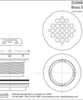Technical drawing of brass shower drain body with grid cover plate, four and a quarter inch OD compression fit, matte black finish.