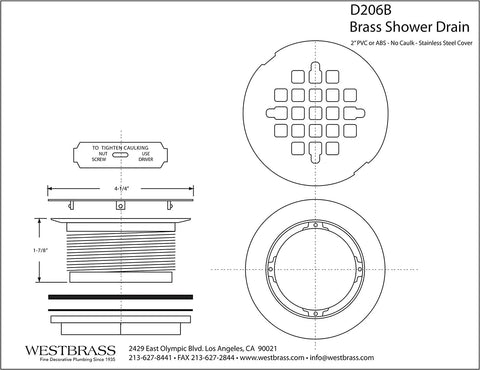 Technical drawing of brass shower drain body with grid cover plate, four and a quarter inch OD compression fit, matte black finish.